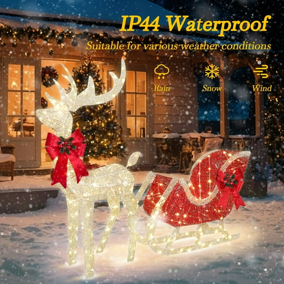 LAMPHOME Upgraded 300LED Large Lighted Reindeer and Sleigh Outdoor Christmas Decorations, Holiday Ornaments Yard Decor for Home, Lawn and Front Yard. Gold and Red Glitter, 2-Piece Set