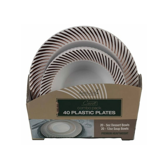 Curve Collection Combo Pack - White Bowls w/Rose Gold Swirl Border Soup and Dessert Bowls, 32 count