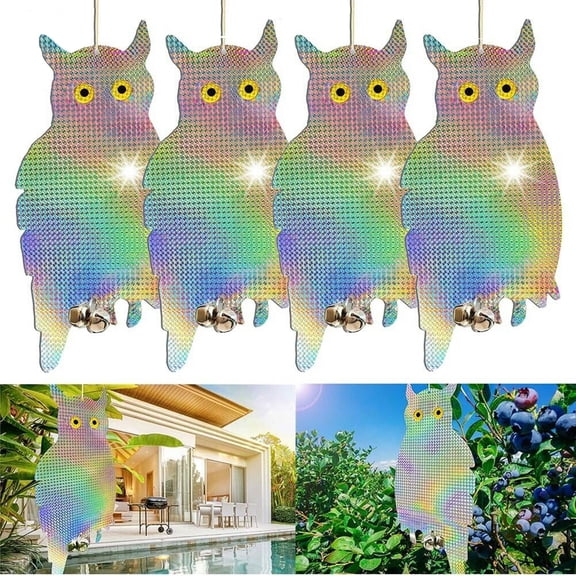 [4 Packs] Fake Owls Bird Scare Repellent Hanging Device 15.8''x7.8'', IC ICLOVER Reflective Deterrent with Bells Easy Installation & Birds Away Silver