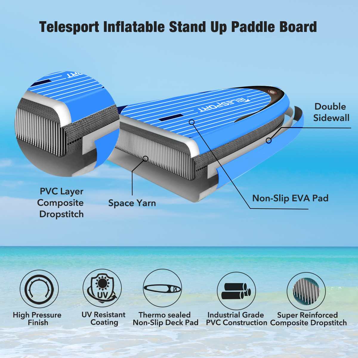 Telesport Inflatable Stand Up Paddle Board 10.6ft with SUP Carry Bag, Adjustable Paddles Non-Slip Deck, Leash and Fin for Padding Surfing - image 4 of 7