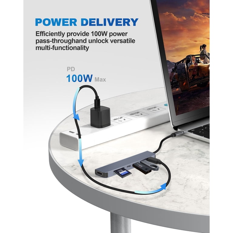 Hub USB-C 6-en-1 Vers HDMI 4K, Charge 100W PD - Neuf, Marque HP, Câble 7m