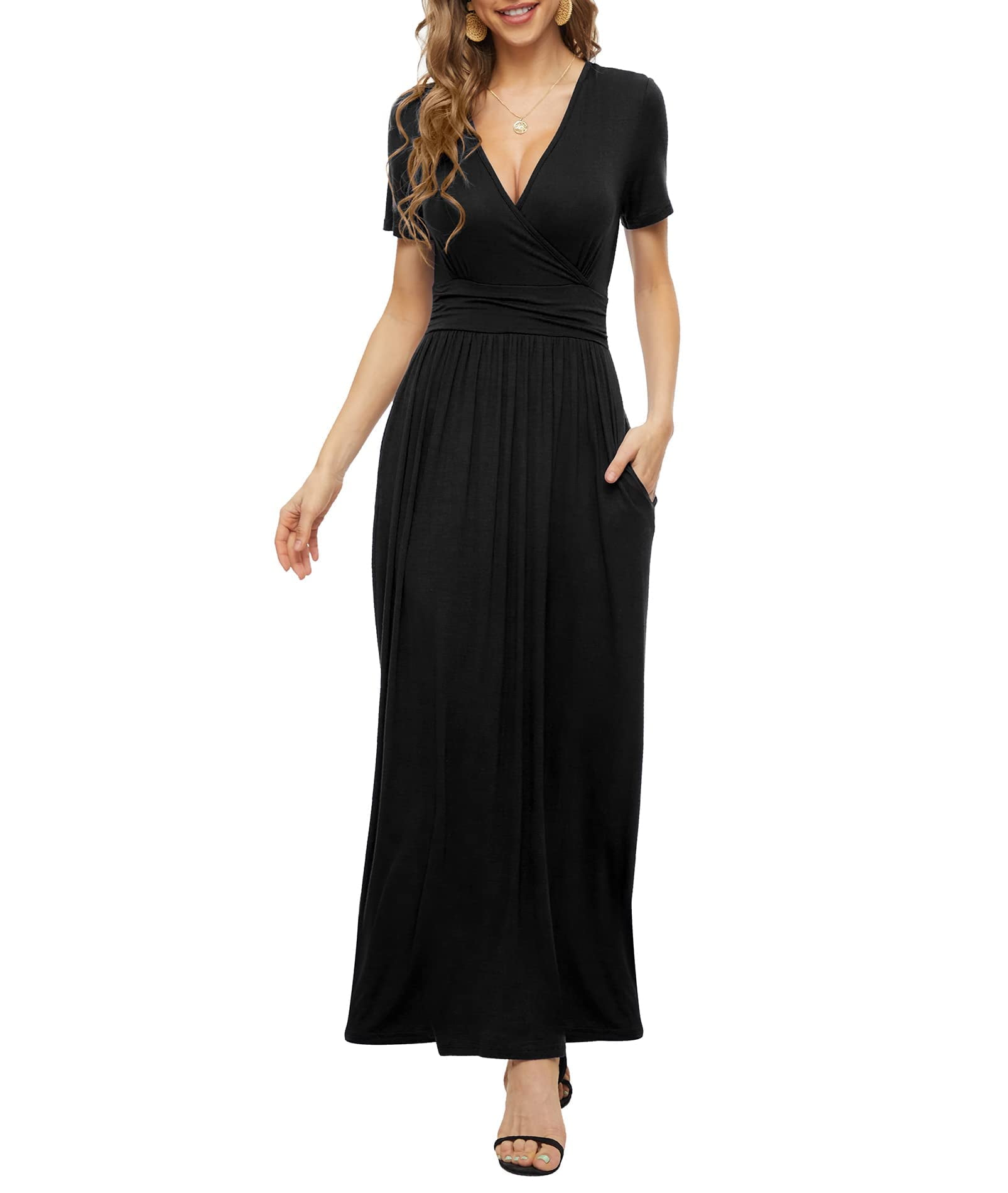 HAOMEILI Women's Empire Waist Maxi Dress Casual V Neck Long Dresses ...