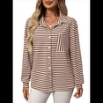 thumbnail image 3 of Camisas de Mujer con Botones, Blusas Clásicas A Rayas de Larga con Cuello y Bolsillo para Oficina. Caqui XXL, 3 of 9