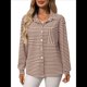 thumbnail image 3 of Camisas de Mujer con Botones, Blusas Clásicas A Rayas de Larga con Cuello y Bolsillo para Oficina. Caqui M, 3 of 9