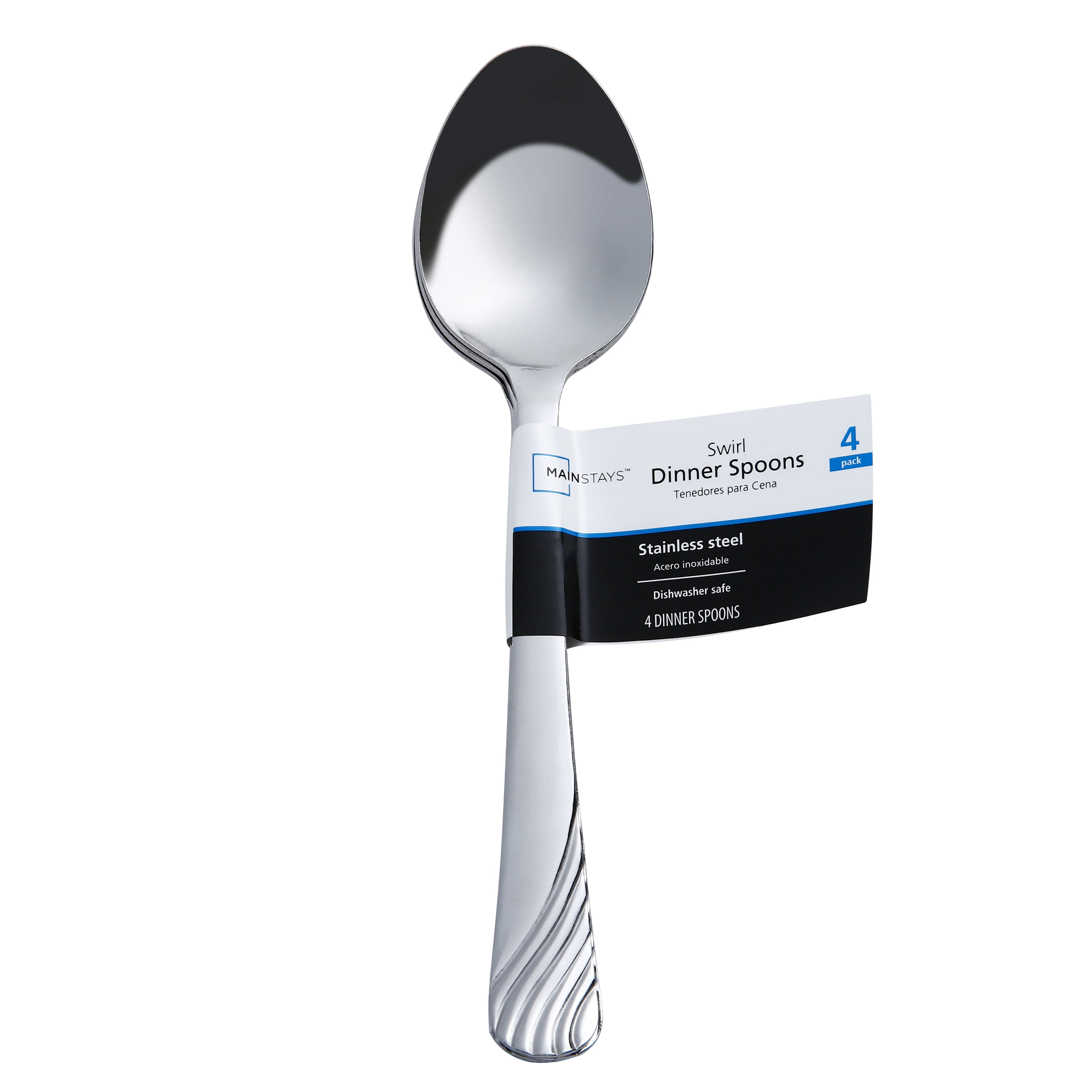 Mainstays Swirl Stainless Steel Adult Dinner Spoon, 4-Piece Set, Silver