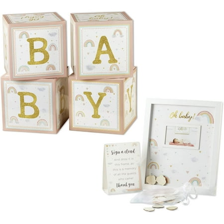 Kate Aspen Boho Rainbow Guest Book Frame Alternative with 30 Wooden Clouds, Baby Boxes with Letters, Sign in Decorations for Baby Shower Party