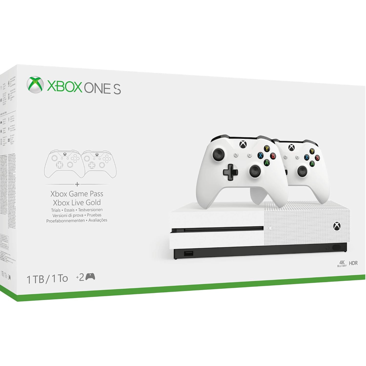 Microsoft. Xbox One S, Console, 1TB with 2 Controllers, 4K Ultra HD, White, 3