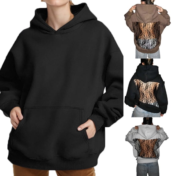 Hfnxid Sweatshirt for Women Oversized Lace Mesh Open Back Hoodies Fashion Going Out Hooded Pullover Fall Winter Outfits Brown,L