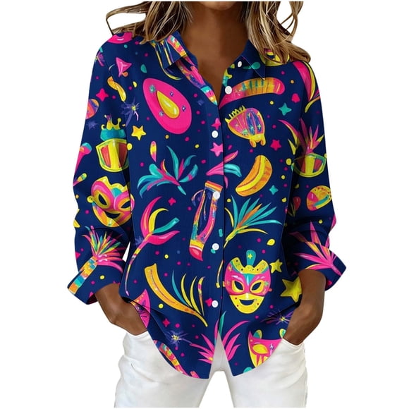 Women's Carnival Shirt, Carnival Print Long Sleeve Top, Button Down Festival Blouse, Comfortable Stretch Fabric, for Party Casual Wear