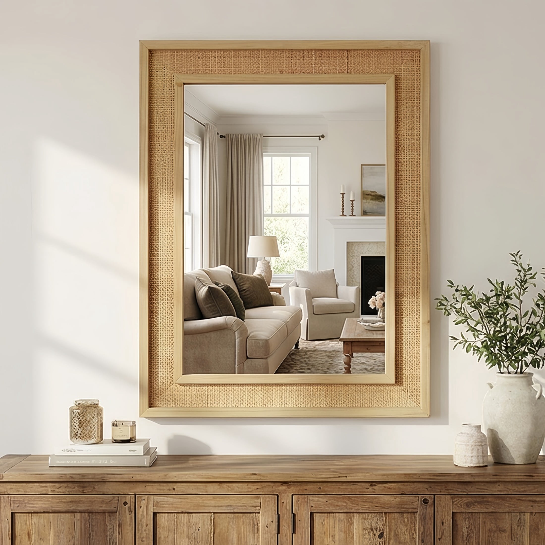 Noble House 24"x36" Rattan Rectangle Wall Mirror, Decorative Accent Bathroom Mirror with Solid Wood Frame, Natural Wood
