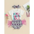 thumbnail image 3 of Suealasg 3Pcs Baby Girl Clothes 6M 12M 18M 24M 3T Newborn Girl Summer Casual Outfits Short Sleeve Letter Print T-Shirt +Geometric Pattern Tassel Shorts +Bow Headband, 3 of 9