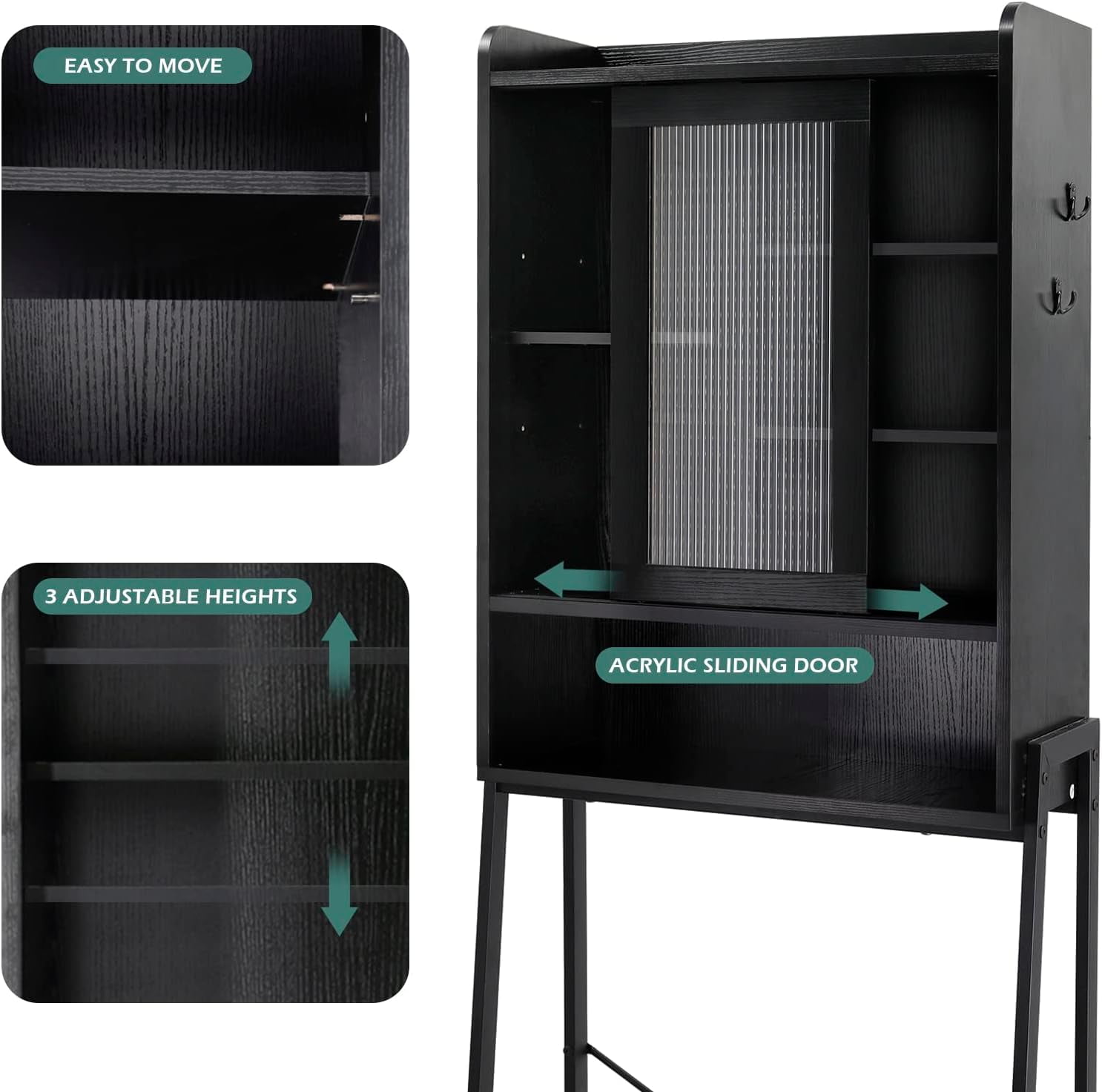 Reliancer Over The Toilet Storage Cabinet with Adjustable Shelves, Bathroom Space Saver Organizer Shelves, Freestanding Space Saver with Acrylic Sliding Door, Metal Frame, Black