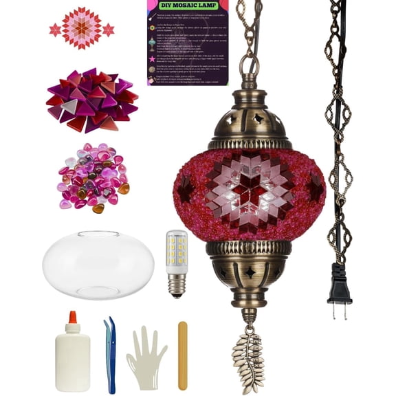 DEMMEX DIY Turkish Mosaic Plug-in Hanging Lamp Kit – NO Grout or Plaster, Beginner-Friendly – Complete Tiffany Mosaic Glass Light-Making Craft Project Kit for Adults and Teens (Pink)