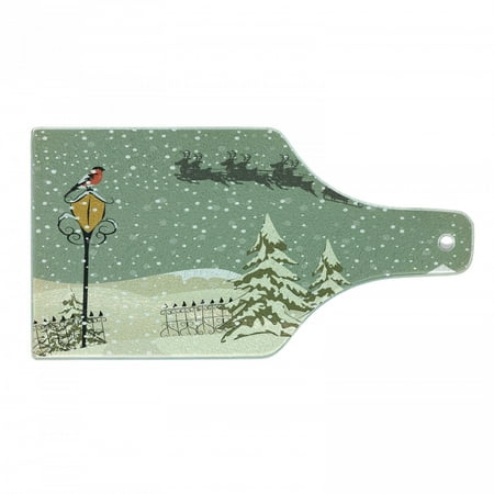 

Christmas Cutting Board Santa Claus Flying Reindeer Christmas Composition Winter Season Decorative Tempered Glass Cutting and Serving Board Wine Bottle Shape Beige Green White by Ambesonne