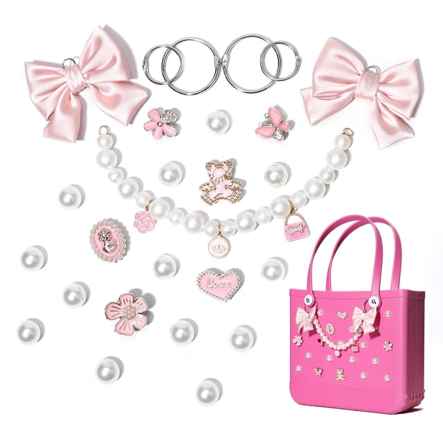 Cadena Charm SANUIU de tela rosa con forma de lazo y perlas para bolsas de goma