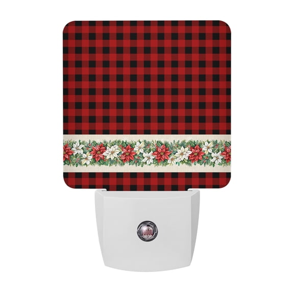 Night Lights Plug into Wall, Christmas Poinsettia LED Night Light with Dusk to Dawn Sensor, Red Plaid Xmas Botanical Decorative Nightlight for Hallway Bathroom Kitchen