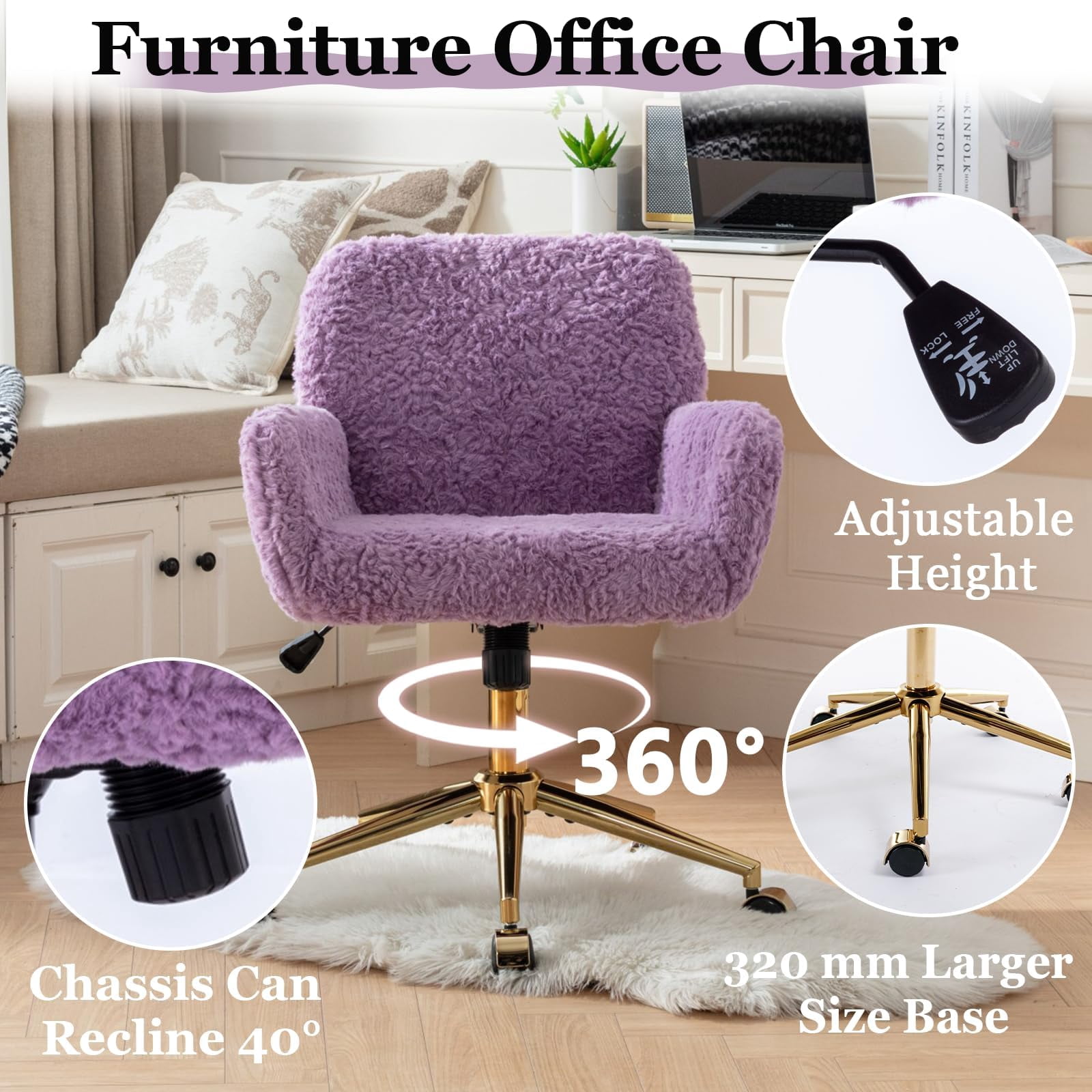 JESTOP Furry Cute Office Chair, Modern Swivel Desk Chair with Wheels, Adjustable Makeup Vanity Chairs with Back, Upholstered Rolling Chairs for Vanity Makeup Room Study Indoor