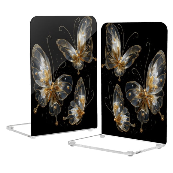 Wobogo Gold Transparent Butterfly Acrylic Bookends Clear L-Shaped Book Holder with Non-Slip Pads for Books Files Magazines CD DVD 5.4×4.1×8.1in