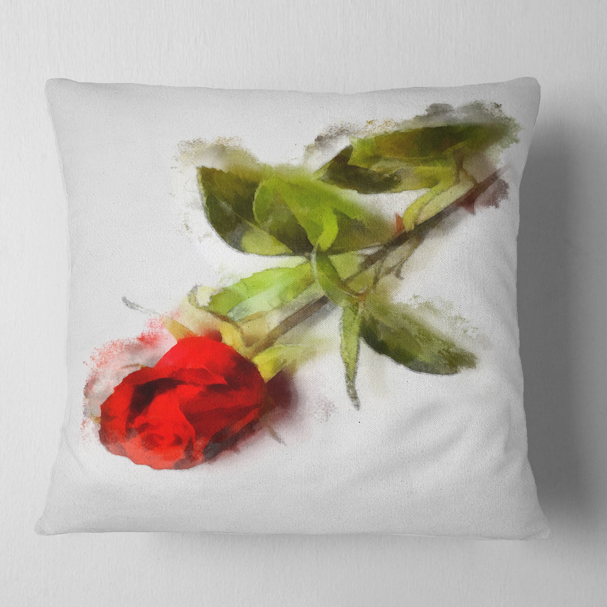 Designart Red Rose with Stem Drawing - Flower Throw Pillow - 18x18