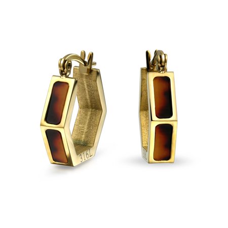 14k Stainless Steel Earrings - Fashion Brown Acrylic Tortoise Shell Tiny Hoop Earrings For Women 14K Gold Plated Stainless Steel .75 Inch Dia