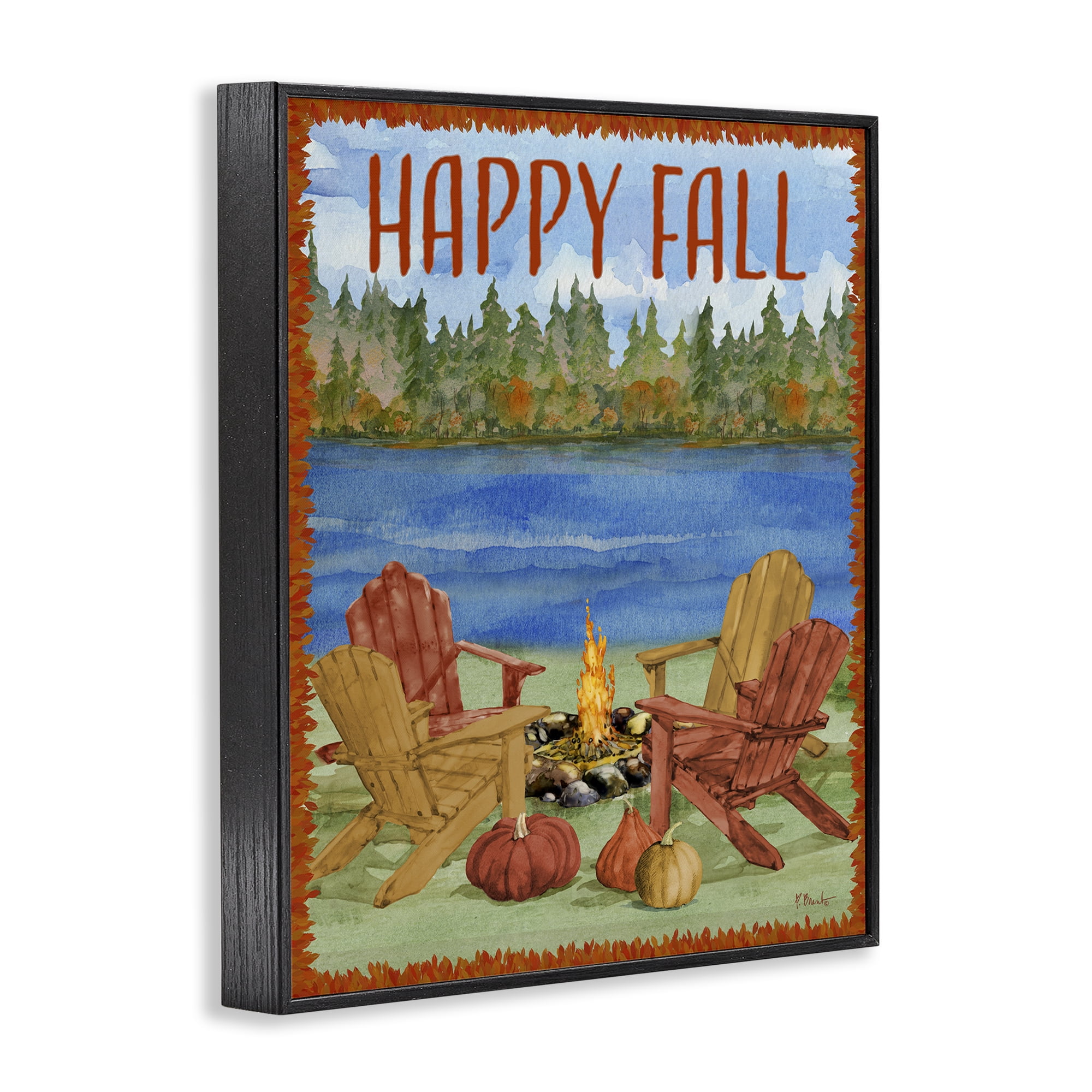 Stupell Industries Happy Fall Bonfire Holiday Painting Black Framed Art Print Wall Art, 16 x 20
