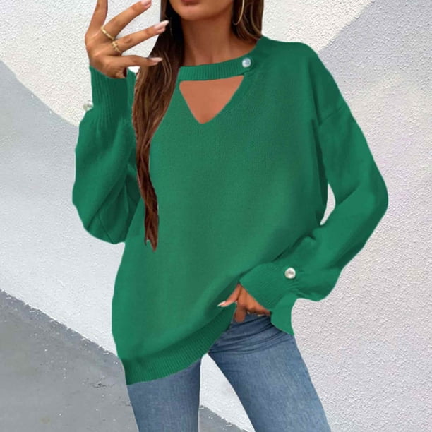 Suéter de cuello en V para mujer, cómodo, informal, de color sólido, de manga larga y cuello redondo.