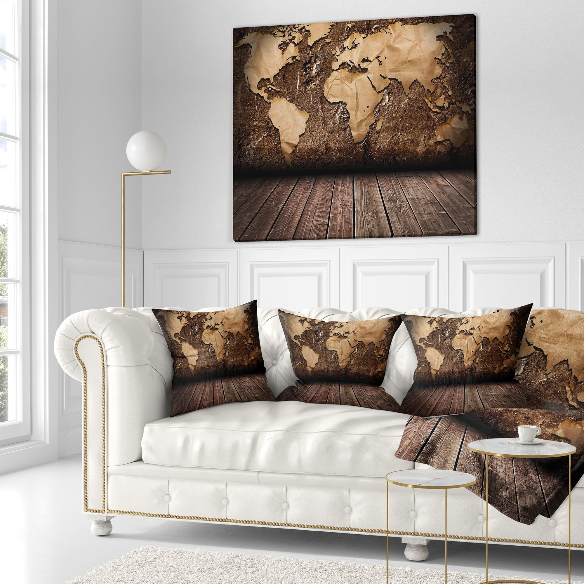 Designart Vintage Map with Wooden Floor - Contemporary Throw Pillow - 16x16