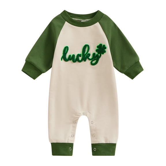 Suealasg Infant Baby Boys Irish Day Bodysuit Long Sleeve Letter Clover Embroidery Jumpsuit Newborn Boy Summer Casual Clothes