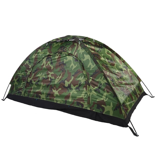 Tienda de campaña impermeable para una persona con protección UV y camuflaje para exteriores, ideal para acampar y hacer senderismo.
