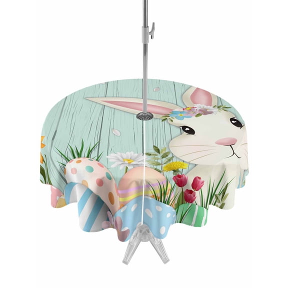 Outdoor Tablecloth with Umbrella Hole and Zipper, Easter Bunny Round Table Cloth 54 Inch Waterproof Tablecloth, Spring Watercolor Eggs Flower Wood Grain Teal Picnic Table Cover for Patio Camping