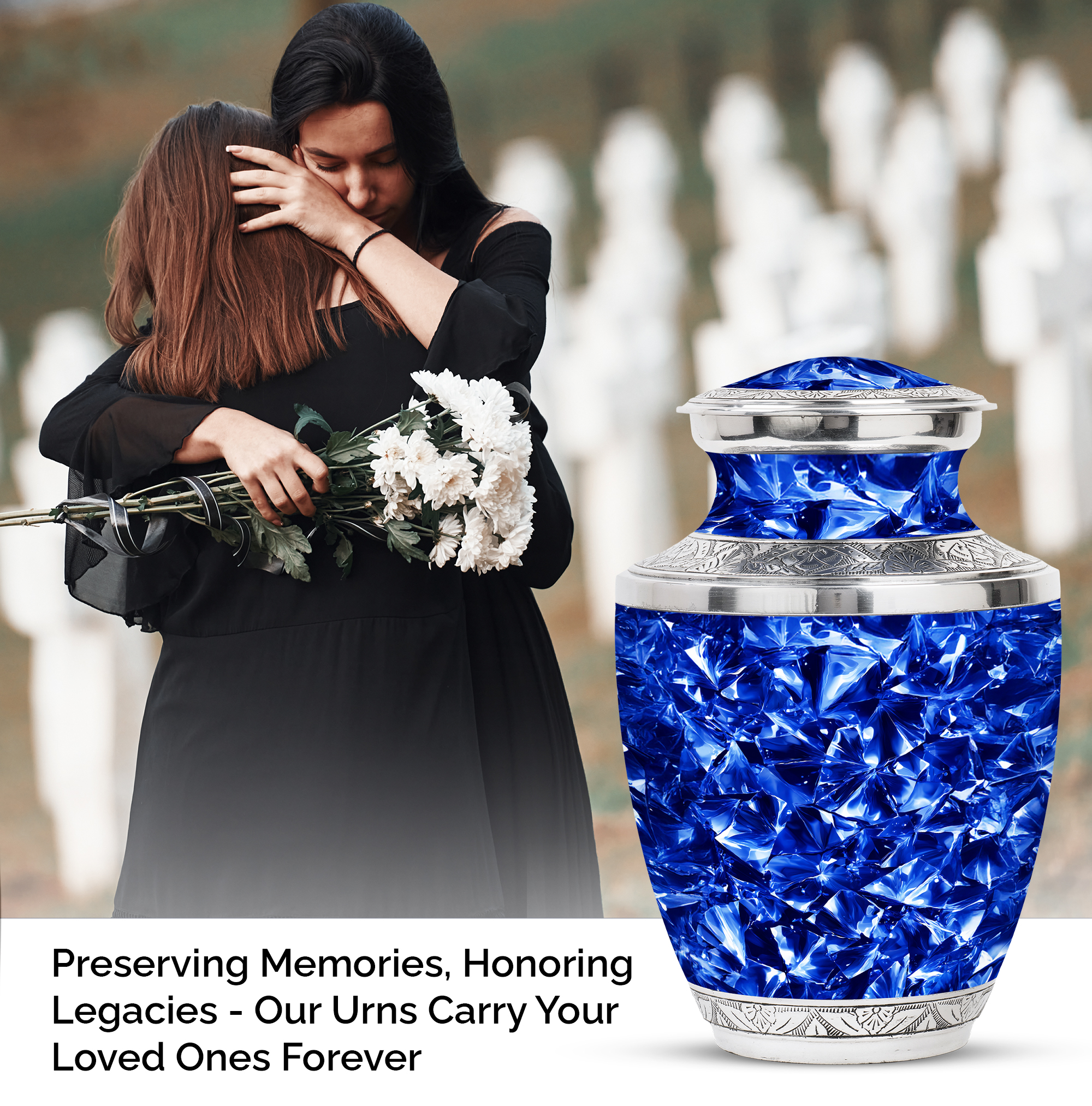 MUKTIVE Crystal Abstract Memorial Urns for Adult Male - Funeral Urn for Ashes for Women - Large Blue Urn for Brother & Sister - Burial Urns for Adult Human Ashes for Cremation - 10 Inch