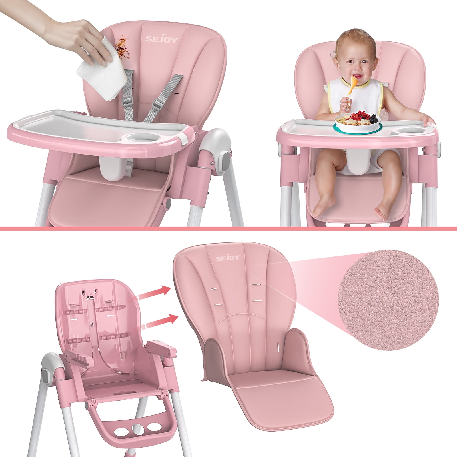 Sejoy 4 Wheels Baby High Chair for Toddlers, Foldable High Chair with Adjustable Seat Heigh, Pink