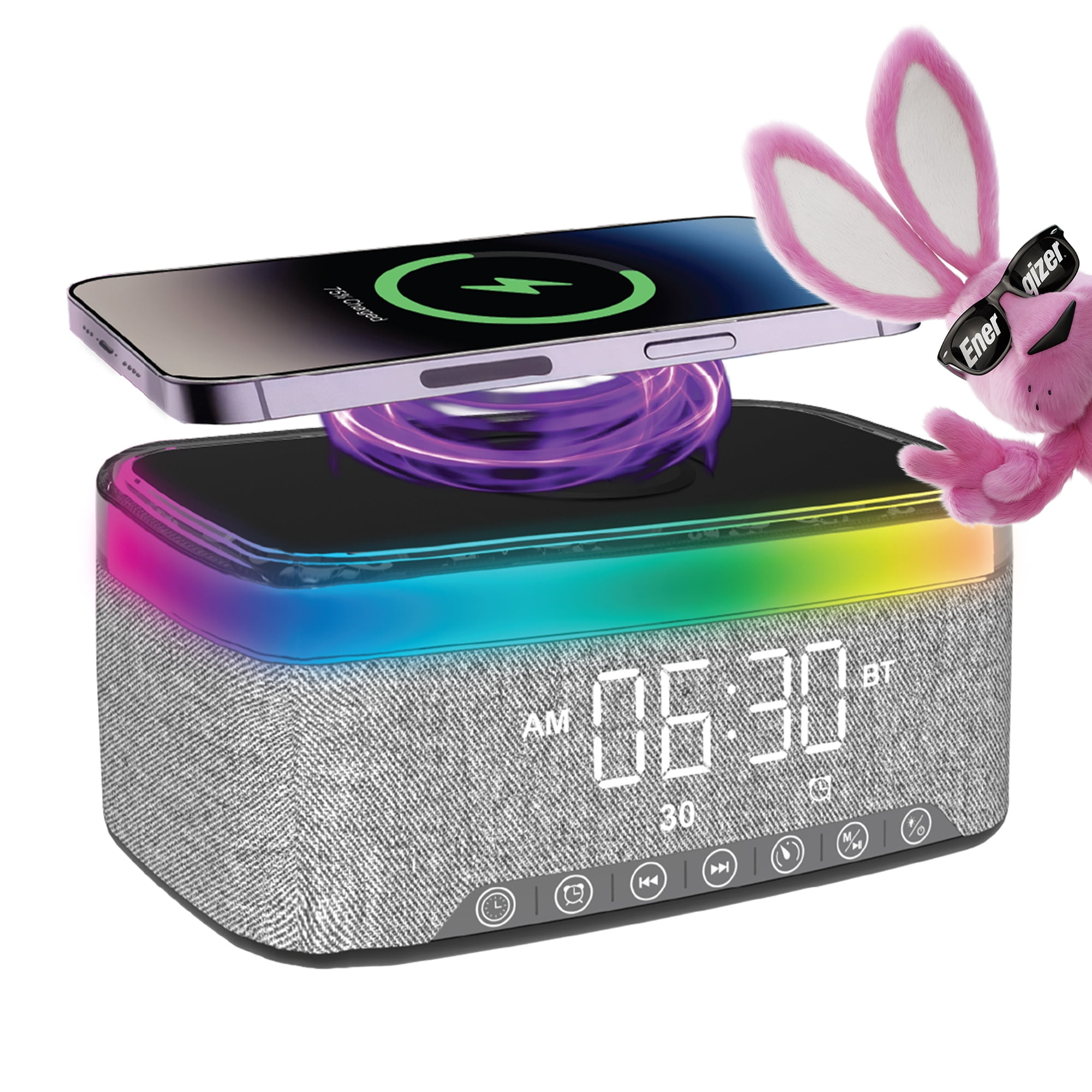 Energizer Bluetooth Speaker with Wireless Charger & Alarm Clock, 15W Fast Qi Charging, RGB LED Lights, Digital Clock Display, TWS Audio, Bedside Speaker for iPhone & Android