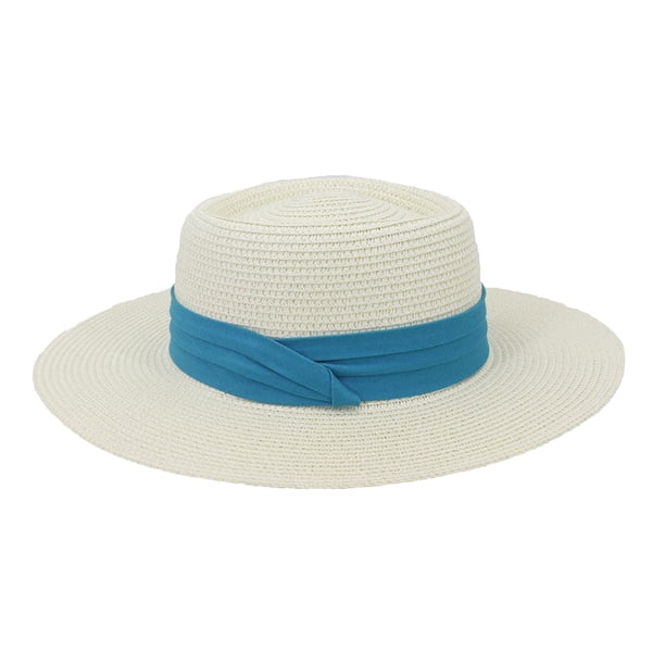 Sonducket Sombrero de paja de verano de ala ancha, informal, transpirable, para acampar, pescar, viajar, playa, moda, tapa plana, gorra Sombreros Blanco Leche Azul NO10