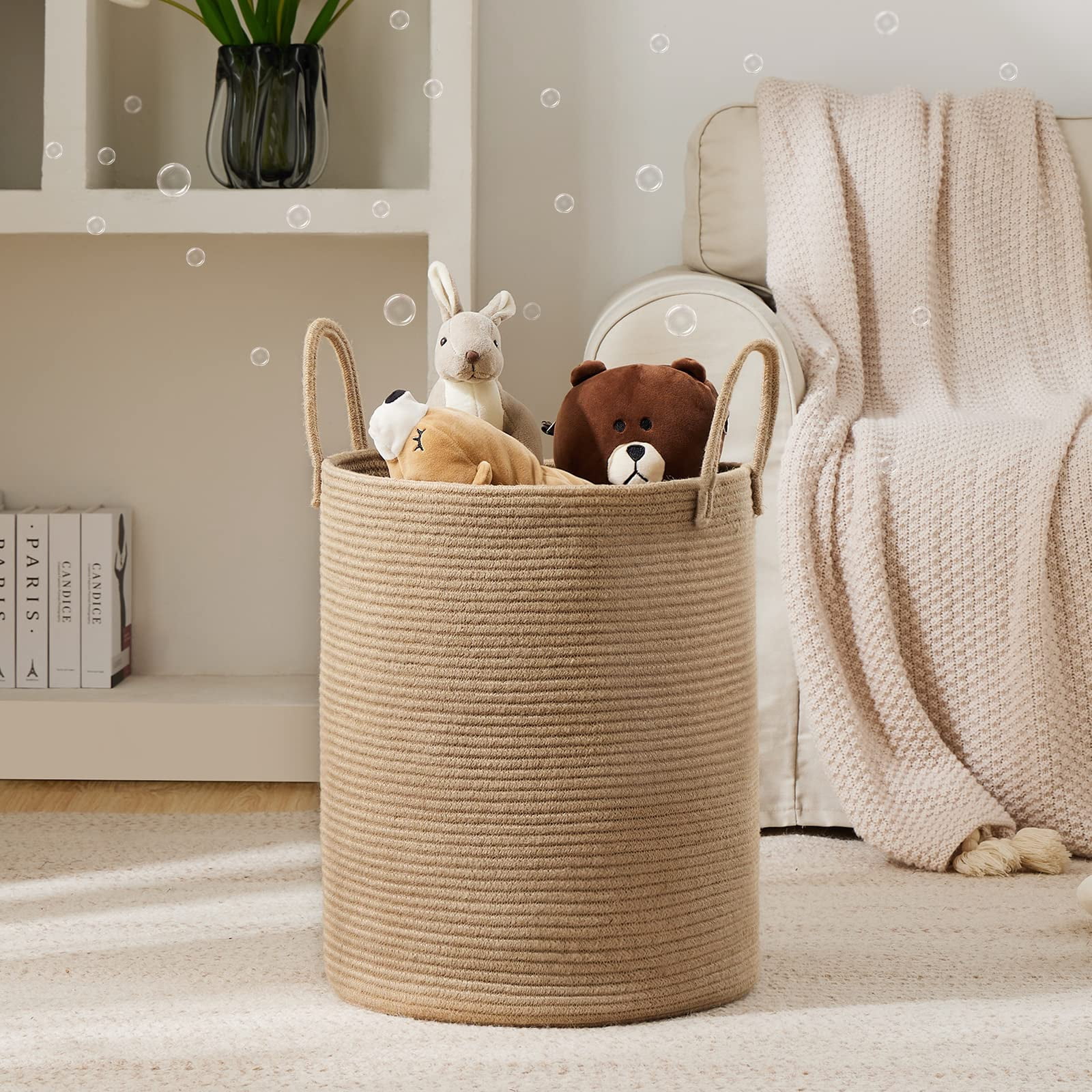 Jute Rope Laundry Hamper Basket , 58L Tall Laundry Basket, Baby Nursery Hamper for Blanket Storage for Bedroom-Large-Jute