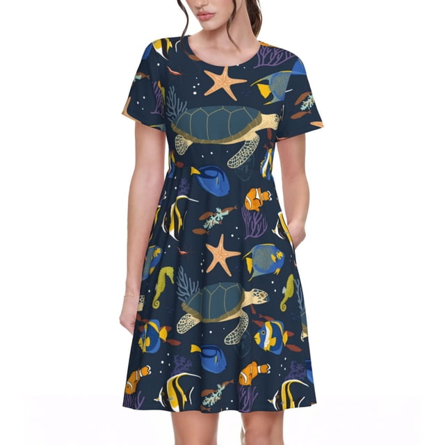 Disketp Undersea Animals para Vestido de Manga Corta para Mujeres, Vestidos de Verano para Mujeres, Casual y Holgado para la Playa
