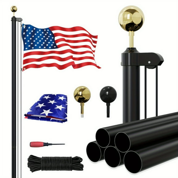 Heavy Duty 25ft Flag Pole with Embroidered Stars 3x5 -13 Gauge Extra Thick Aluminum Flagpole kit for House Yard Commercial Residential