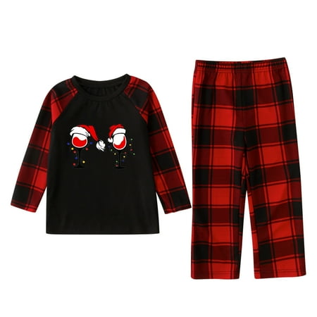 

MIDCKE Matching Family Christmas Pajamas Set Wine Cup with Xmas Red Hat Print Long Sleeve Tops and Plaid Pants Matching Jammies for Family Xmas Sleepwear Set