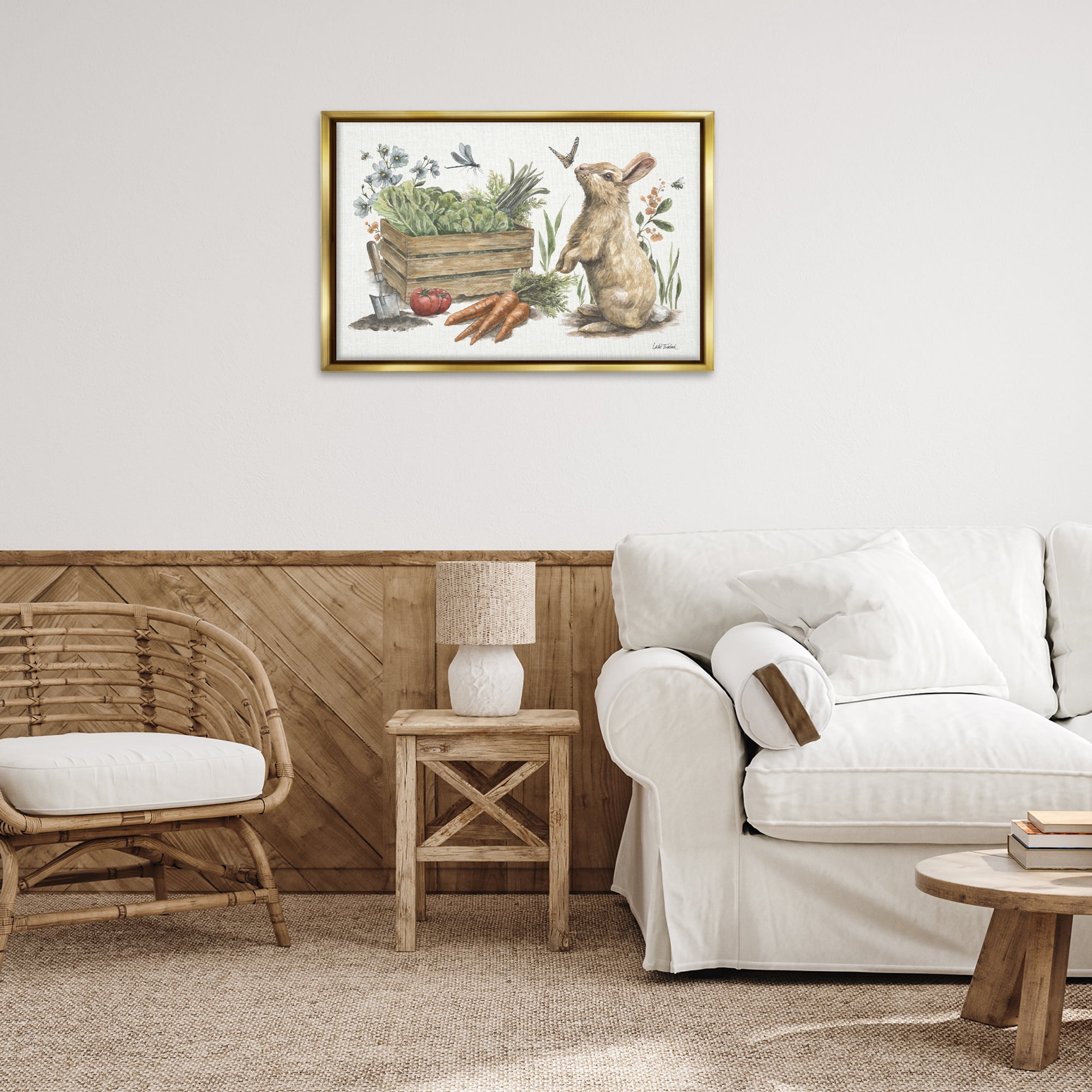 Stupell Industries Gardening Bunny Scene Botanical & Floral Painting Gold Floater Framed Canvas Art Print Wall Art, 31 x 21