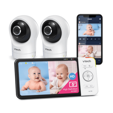 VTech RM5764-2HD 1080p Smart WiFi Remote Access 2 Camera BabyMonitor, 360° Pan & Tilt, 5" 720p HD Display, Night Vision, Soothing Sounds, 2-Way Talk, Temperature & Motion Detection, iOS & Android