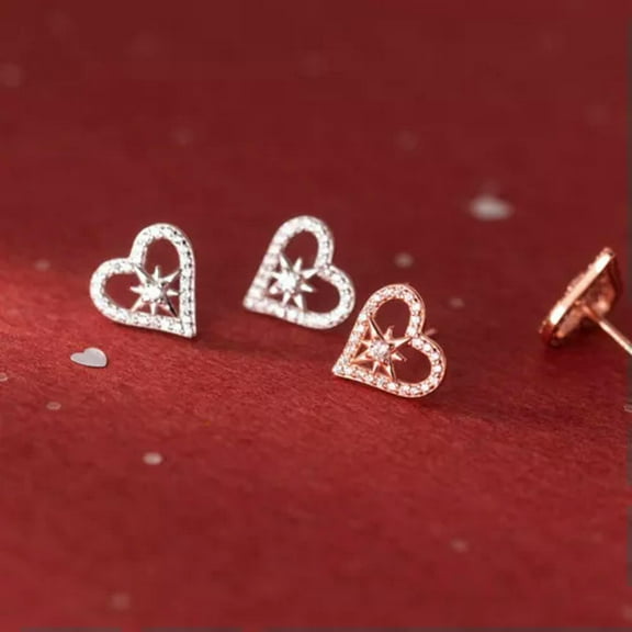 K-KED Rose Gold Plated 925 Sterling Silver Crystal Star Heart Stud Earrings-ROSE GOLD