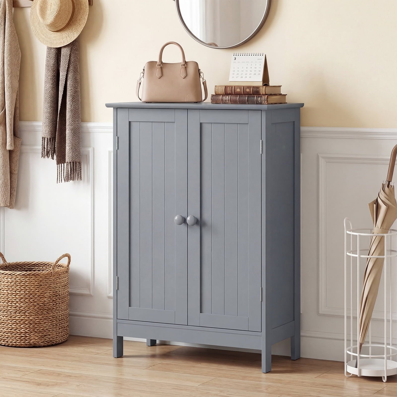 Giantex Bathroom Floor Cabinet, Wooden Freestanding Storage Cabinet with Double Doors, Suitable for Bathroom, Living Room, Bedroom, Entryway