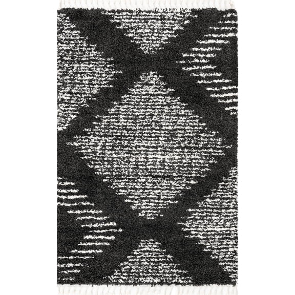 Rugs.com Serenity Shag Collection Rug – 5' x 8' Black And White Shag Rug Perfect For Living Rooms, Large Dining Rooms, Open Floorplans