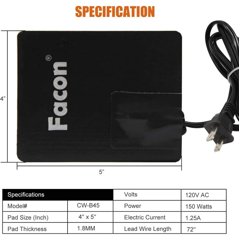 Facon 5'' x 4'' Battery Heater Pad with 3M Self Adhesive and  Thermostatically controlled, Automotive Engine Block Heater, Engine Oil Pan  Heater Pad, 120V, 150Watts - Walmart.com