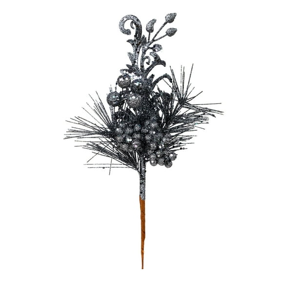 Vickerman 10" Gunmetal Berry Glitter Leaf Artificial Christmas Pick, 12 per Bag