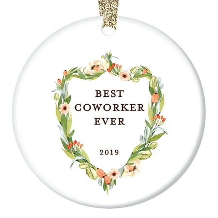 Coworker Gifts, Best Coworker Ornament, Floral Crest Christmas Ornament 2019, Elegant Work Friend Family Co Worker Ceramic Present 3