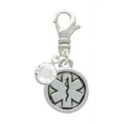 Delight Jewelry Silvertone Round EMT Star of Life - Silvertone Clip on Charm with Clear Crystal Drop