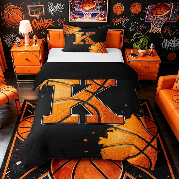 Castle Fairy Orange Basketball Initial K Twin Duvet Cover, Abstract Watercolor Splash Twin Bedding, Black Orange,Black Reversible,2pcs,1 Duvet Cover and 1 Pillowcase