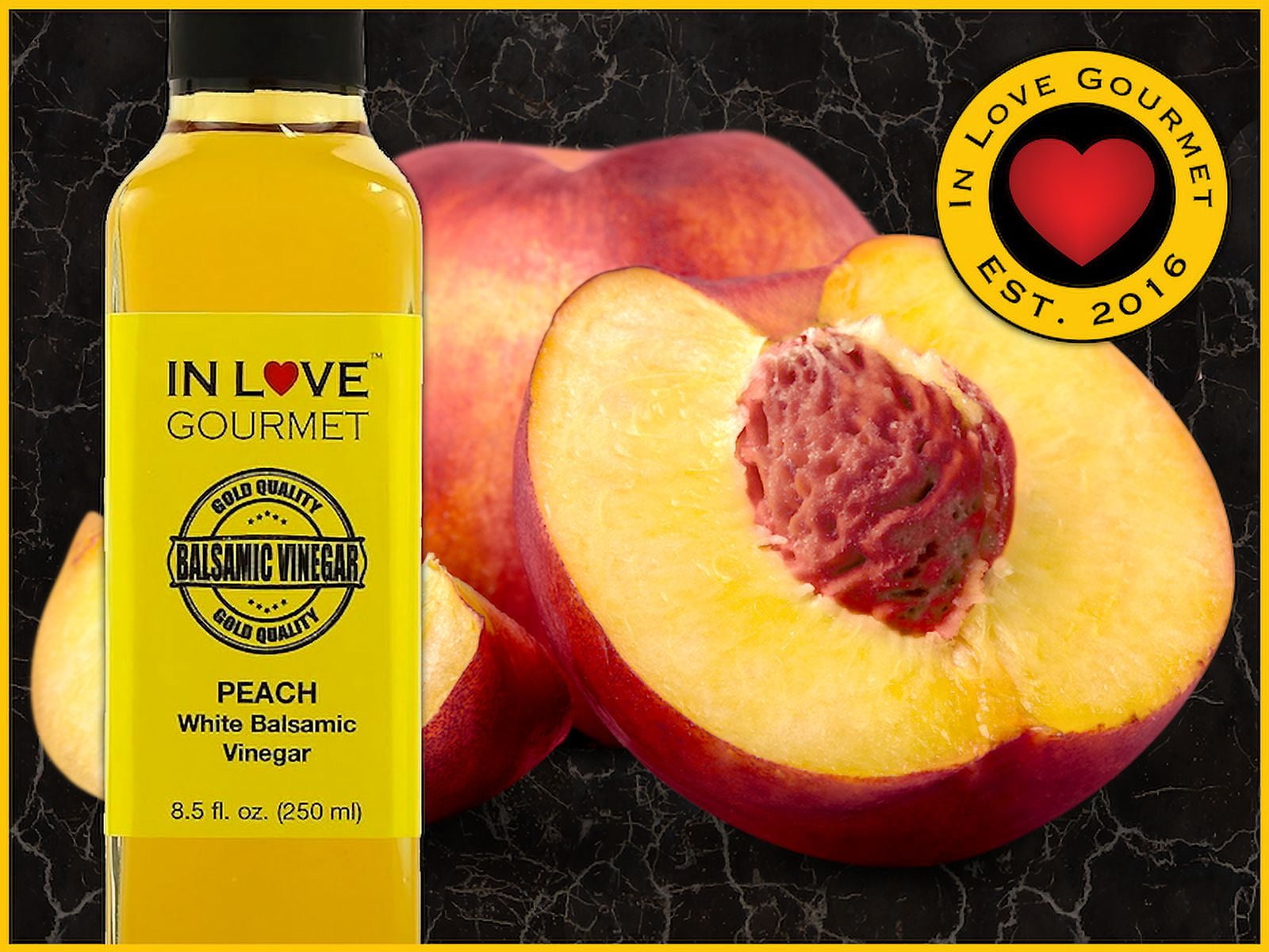 In Love Gourmet Peach White Balsamic Vinegar 250ML/8.5oz Great on Red Meats and Game Meats, Drizzle on Veggie and Fruit Salads