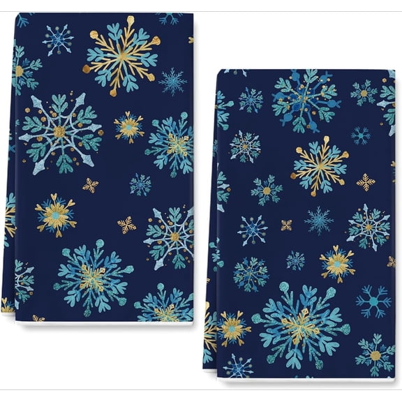 Set of 2 Christmas Winter Kitchen Dish Towels Watercolor Blue Snowflake Dishcloth Snowflake Decorative Hand Drying Tea Towel for Xmas Winter Kitchen Cooking Baking Bathroom